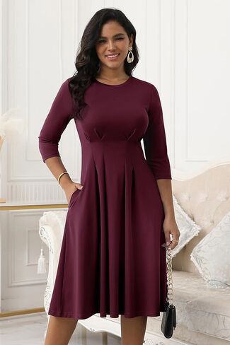 Nmoder Women's Church Midi Dress Cocktail A Line 3/4 Sleeve Crew Neck Pleated Waisted Casual Dresses with Pockets in Kuwait