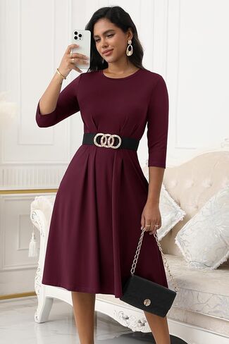 Nmoder Women's Church Midi Dress Cocktail A Line 3/4 Sleeve Crew Neck Pleated Waisted Casual Dresses with Pockets in Kuwait