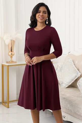 Nmoder Women's Church Midi Dress Cocktail A Line 3/4 Sleeve Crew Neck Pleated Waisted Casual Dresses with Pockets in Kuwait