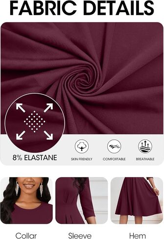 Nmoder Women's Church Midi Dress Cocktail A Line 3/4 Sleeve Crew Neck Pleated Waisted Casual Dresses with Pockets in Kuwait