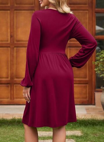 Dokotoo Womens Dresses Wrap V-Neck Empire Waist Long Sleeve A-Line Mini Dress with Pockets in Saudi Arabia