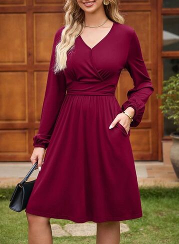 Dokotoo Womens Dresses Wrap V-Neck Empire Waist Long Sleeve A-Line Mini Dress with Pockets in Saudi Arabia