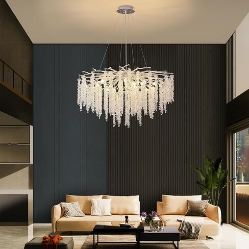Modern Crystal Tree Branch Chandelier, D23.7'' Black Round Raindrop Indoor Hanging Branch Chandelier Fixture for Dining Room Living Room Bedroom 9 Lights in Saudi Arabia