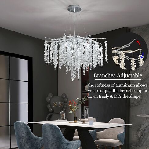Modern Crystal Tree Branch Chandelier, D23.7'' Black Round Raindrop Indoor Hanging Branch Chandelier Fixture for Dining Room Living Room Bedroom 9 Lights in Saudi Arabia