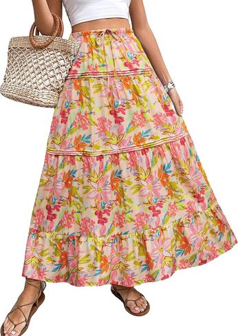 Womens Casual Boho Maxi Skirt A line Elastic High Waist Drawstring Trendy Swing Floral Beach Party Vacation Skirts in Saudi Arabia