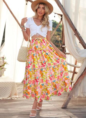 Womens Casual Boho Maxi Skirt A line Elastic High Waist Drawstring Trendy Swing Floral Beach Party Vacation Skirts in Saudi Arabia