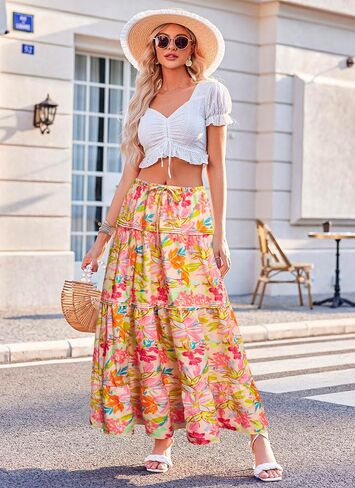 Womens Casual Boho Maxi Skirt A line Elastic High Waist Drawstring Trendy Swing Floral Beach Party Vacation Skirts in Saudi Arabia