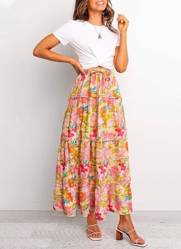Womens Casual Boho Maxi Skirt A line Elastic High Waist Drawstring Trendy Swing Floral Beach Party Vacation Skirts in Saudi Arabia