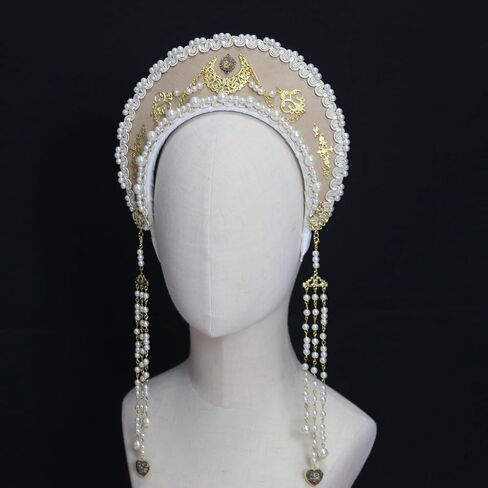 MYAYD Women's Palace Retro Tudor Hat Hair Accessories Crown Headwear Decoration Multicolor Handmade (Creamy-white) in Saudi Arabia