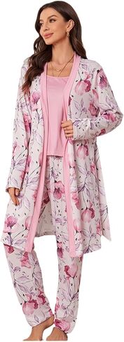 Tenna Teki Women's Floral Print Pajama Set with Robe -Lightweight Comfortable and Soft Sleepwear for Ladies in Saudi Arabia