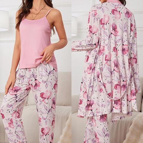 Tenna Teki Women's Floral Print Pajama Set with Robe -Lightweight Comfortable and Soft Sleepwear for Ladies in Saudi Arabia