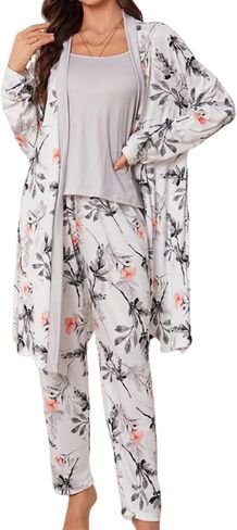 Tenna Teki Women's Floral Print Pajama Set with Robe -Lightweight Comfortable and Soft Sleepwear for Ladies in Saudi Arabia