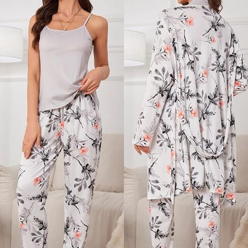 Tenna Teki Women's Floral Print Pajama Set with Robe -Lightweight Comfortable and Soft Sleepwear for Ladies in Saudi Arabia