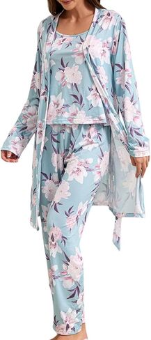 Tenna Teki Women's Floral Print Pajama Set with Robe -Lightweight Comfortable and Soft Sleepwear for Ladies in Saudi Arabia