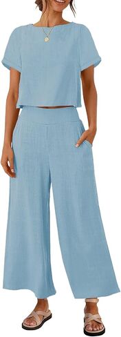 ZESICA Women's 2 Piece Outfits Linen Short Sleeve Crop Top and Wide Leg Pants Lounge Matching Set Tracksuits Trendy Clothes in Saudi Arabia