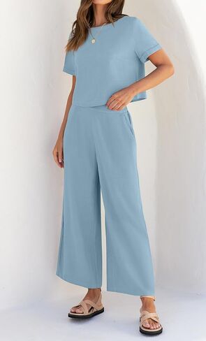 ZESICA Women's 2 Piece Outfits Linen Short Sleeve Crop Top and Wide Leg Pants Lounge Matching Set Tracksuits Trendy Clothes in Saudi Arabia