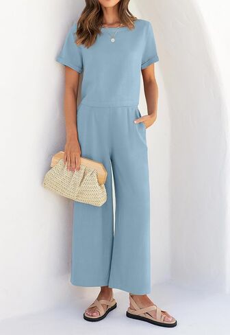 ZESICA Women's 2 Piece Outfits Linen Short Sleeve Crop Top and Wide Leg Pants Lounge Matching Set Tracksuits Trendy Clothes in Saudi Arabia