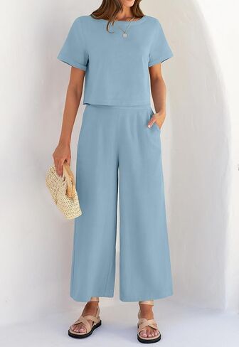 ZESICA Women's 2 Piece Outfits Linen Short Sleeve Crop Top and Wide Leg Pants Lounge Matching Set Tracksuits Trendy Clothes in Saudi Arabia