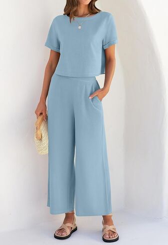 ZESICA Women's 2 Piece Outfits Linen Short Sleeve Crop Top and Wide Leg Pants Lounge Matching Set Tracksuits Trendy Clothes in Saudi Arabia