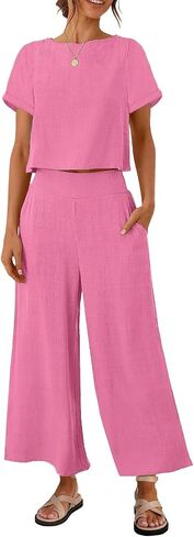 ZESICA Women's 2 Piece Outfits Linen Short Sleeve Crop Top and Wide Leg Pants Lounge Matching Set Tracksuits Trendy Clothes in Saudi Arabia