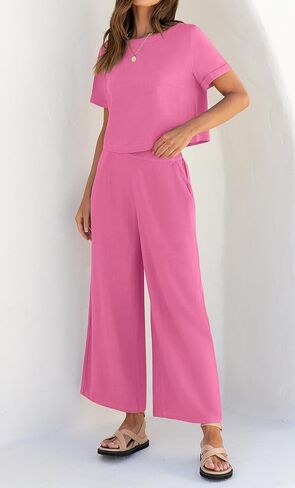 ZESICA Women's 2 Piece Outfits Linen Short Sleeve Crop Top and Wide Leg Pants Lounge Matching Set Tracksuits Trendy Clothes in Saudi Arabia