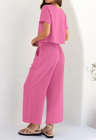 ZESICA Women's 2 Piece Outfits Linen Short Sleeve Crop Top and Wide Leg Pants Lounge Matching Set Tracksuits Trendy Clothes in Saudi Arabia