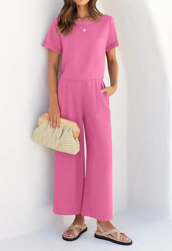 ZESICA Women's 2 Piece Outfits Linen Short Sleeve Crop Top and Wide Leg Pants Lounge Matching Set Tracksuits Trendy Clothes in Saudi Arabia