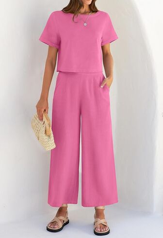 ZESICA Women's 2 Piece Outfits Linen Short Sleeve Crop Top and Wide Leg Pants Lounge Matching Set Tracksuits Trendy Clothes in Saudi Arabia