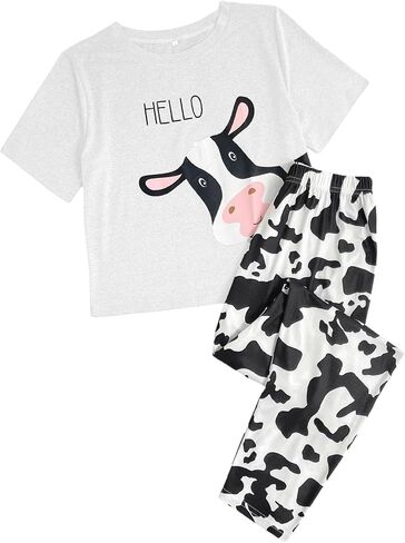 Wdirara Women's Graphic Printwear Round Round Neck Tee Short Tee and Pants Pajamas in Saudi Arabia