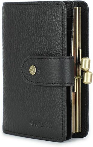 Full Grain Leather Kiss Lock Wallet for Women Coin Pocket Kiss Clasp Purse Small Card Holder Bifold Rfid Wallet (Black) in Saudi Arabia