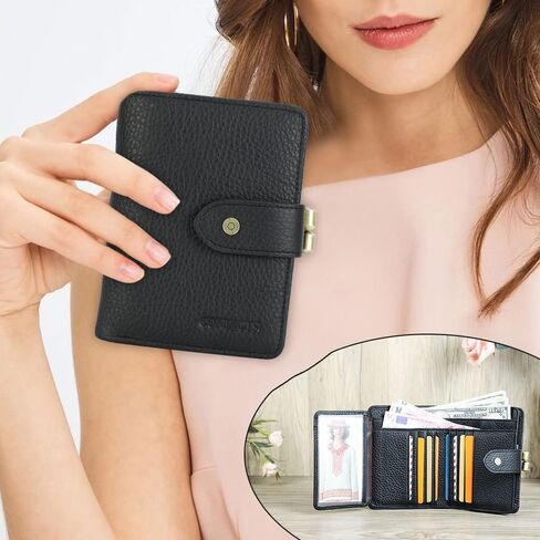 Full Grain Leather Kiss Lock Wallet for Women Coin Pocket Kiss Clasp Purse Small Card Holder Bifold Rfid Wallet (Black) in Saudi Arabia