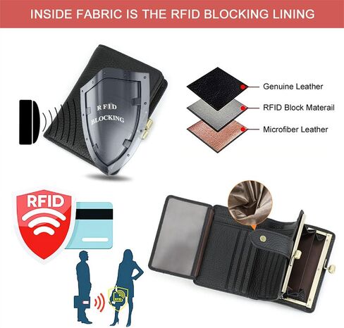 Full Grain Leather Kiss Lock Wallet for Women Coin Pocket Kiss Clasp Purse Small Card Holder Bifold Rfid Wallet (Black) in Saudi Arabia