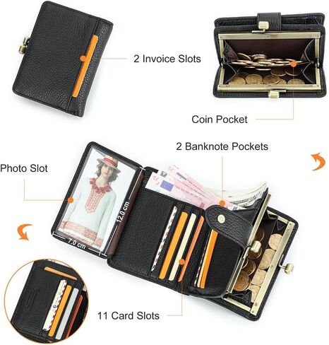 Full Grain Leather Kiss Lock Wallet for Women Coin Pocket Kiss Clasp Purse Small Card Holder Bifold Rfid Wallet (Black) in Saudi Arabia