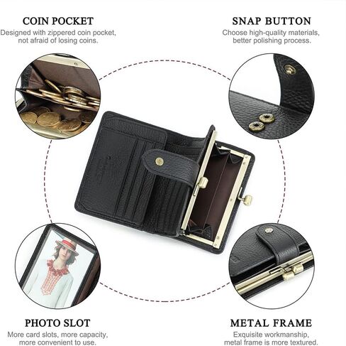 Full Grain Leather Kiss Lock Wallet for Women Coin Pocket Kiss Clasp Purse Small Card Holder Bifold Rfid Wallet (Black) in Saudi Arabia