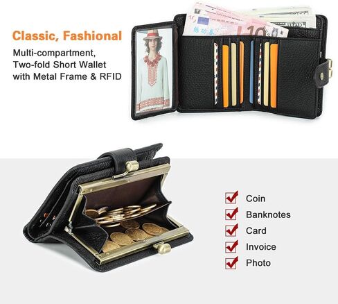 Full Grain Leather Kiss Lock Wallet for Women Coin Pocket Kiss Clasp Purse Small Card Holder Bifold Rfid Wallet (Black) in Saudi Arabia