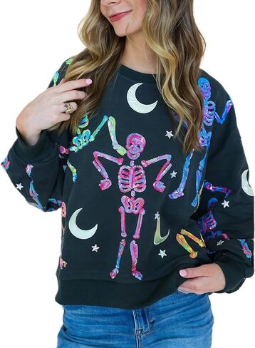 KOSUSANILL Sequin Halloween Sweatshirt for Women Sparkly Dancing Skeleton Spooky Season Ghost Crewnecks Halloween Pullover in Saudi Arabia