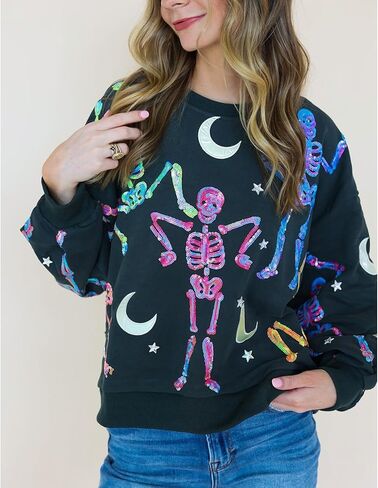 KOSUSANILL Sequin Halloween Sweatshirt for Women Sparkly Dancing Skeleton Spooky Season Ghost Crewnecks Halloween Pullover in Saudi Arabia
