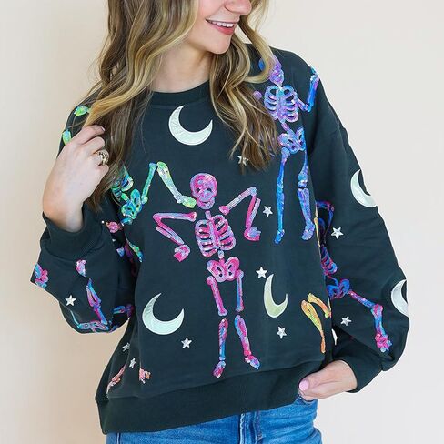 KOSUSANILL Sequin Halloween Sweatshirt for Women Sparkly Dancing Skeleton Spooky Season Ghost Crewnecks Halloween Pullover in Saudi Arabia