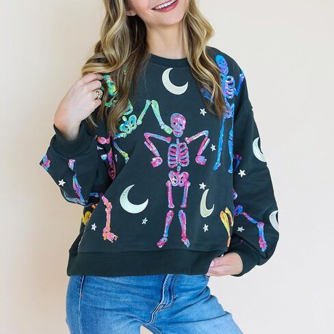 KOSUSANILL Sequin Halloween Sweatshirt for Women Sparkly Dancing Skeleton Spooky Season Ghost Crewnecks Halloween Pullover in Saudi Arabia