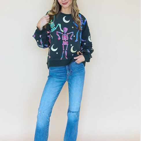 KOSUSANILL Sequin Halloween Sweatshirt for Women Sparkly Dancing Skeleton Spooky Season Ghost Crewnecks Halloween Pullover in Saudi Arabia