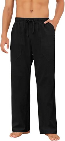 Puimentiua Cotton Linen Pants Men Casual Loose Fit Elastic Drawstring Waist Summer Beach Pants in Kuwait