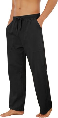 Puimentiua Cotton Linen Pants Men Casual Loose Fit Elastic Drawstring Waist Summer Beach Pants in Kuwait