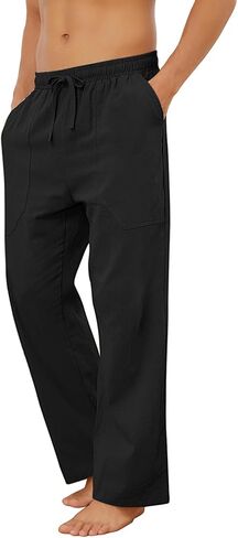 Puimentiua Cotton Linen Pants Men Casual Loose Fit Elastic Drawstring Waist Summer Beach Pants in Kuwait