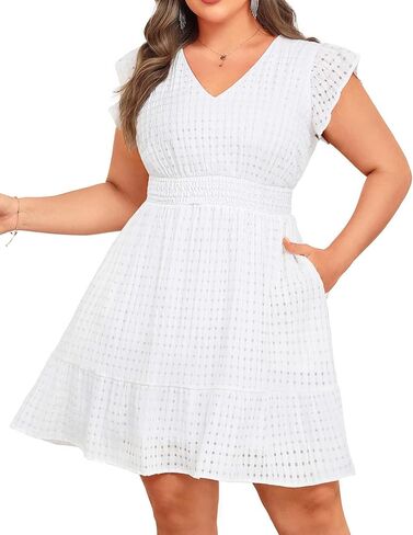 Women's Plus Size Summer Dress - Casual V-Neck Flutter Sleeves A-Line Short Sun Dress with Pockets for Beach Vacation in Kuwait