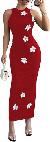 GORGLITTER Women's 3D Floral Maxi Dress Crewneck Sleeveless Knit Bodycon Beach Long Dress in Saudi Arabia
