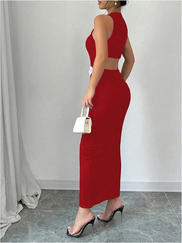 GORGLITTER Women's 3D Floral Maxi Dress Crewneck Sleeveless Knit Bodycon Beach Long Dress in Saudi Arabia