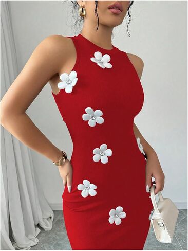 GORGLITTER Women's 3D Floral Maxi Dress Crewneck Sleeveless Knit Bodycon Beach Long Dress in Saudi Arabia