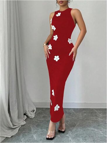 GORGLITTER Women's 3D Floral Maxi Dress Crewneck Sleeveless Knit Bodycon Beach Long Dress in Saudi Arabia