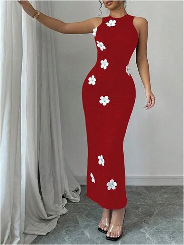 GORGLITTER Women's 3D Floral Maxi Dress Crewneck Sleeveless Knit Bodycon Beach Long Dress in Saudi Arabia