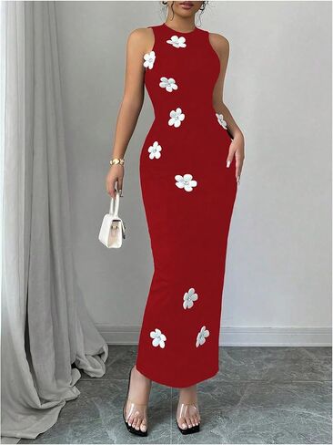 GORGLITTER Women's 3D Floral Maxi Dress Crewneck Sleeveless Knit Bodycon Beach Long Dress in Saudi Arabia